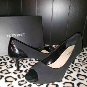 Ellen Tracy - Vinny Heels.  Size 9.  Flat Black with Shiny Black Heel Wrap.